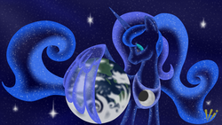 Size: 3072x1728 | Tagged: safe, artist:virenth, princess luna, alicorn, pony, macro, moon, planet, pony bigger than a planet, space, stars, wallpaper