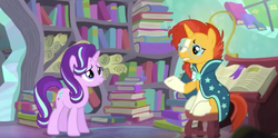 Size: 711x352 | Tagged: safe, screencap, starlight glimmer, sunburst, pony, unicorn, g4, the crystalling, book, bookmark, bookshelf, clothes, coat markings, crystal empire, cute, cutie mark, duo, eye contact, female, frown, glasses, glimmerbetes, gritted teeth, horn, male, mare, messy mane, reunion, robe, scroll, sitting, smiling, socks (coat markings), stallion, stool, sunburst's cloak, sunburst's glasses, sunburst's house
