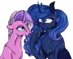 Size: 1000x800 | Tagged: safe, artist:notaguitarfret, princess luna, oc, oc:iremia, g4, chest fluff, fluffy, magical lesbian spawn, offspring, parent:princess luna, parent:twilight sparkle, parents:twiluna, unshorn fetlocks