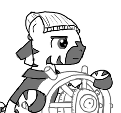Size: 640x600 | Tagged: safe, artist:ficficponyfic, oc, oc only, oc:adetokunbo, zebra, colt quest, adult, clothes, cyoa, hat, male, pirate, pirate ship, ship, smiling, stallion, story included, toque, wheel