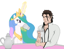 Size: 1000x767 | Tagged: safe, artist:unbiased philosopher, princess celestia, g4, aizen sousuke, bleach (manga), crossover, food, simple background, sitting, smiling, tea, the plan, this tag is also part of my plan, transparent background