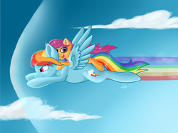 Size: 1280x960 | Tagged: safe, artist:violyre, rainbow dash, scootaloo, pegasus, pony, g4, duo, flying, ponies riding ponies, rainbow trail, riding, scootaloo riding rainbow dash, scootalove, sound barrier