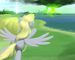 Size: 1125x900 | Tagged: safe, artist:moonlitbrush, derpy hooves, pegasus, pony, comic:derpy deliveries, fallout equestria, g4, balefire bomb, explosion, fanfic, fanfic art, female, flying, hill, hooves, manehattan, mare, megaspell, megaspell explosion, mushroom cloud, nuclear explosion, scenery, solo, spread wings, wings