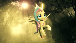 Size: 1920x1080 | Tagged: safe, artist:powdan, fluttershy, pegasus, pony, g4, 3d, female, flying, forest, mare, shylestia, solo, sun, wallpaper