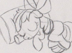 Size: 664x487 | Tagged: safe, artist:tmntart8, apple bloom, g4, female, monochrome, pillow, sketch, sleeping, solo, traditional art