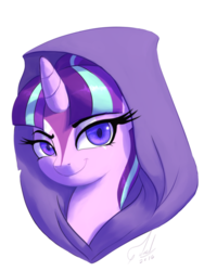 Size: 400x533 | Tagged: safe, artist:grissaecrim, starlight glimmer, pony, unicorn, g4, cloak, clothes, fanfic art, fanfic cover, female, looking at you, mare, portrait, simple background, smiling, solo, white background