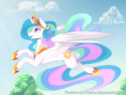 Size: 900x675 | Tagged: safe, artist:thenornonthego, princess celestia, g4, female, flying, solo