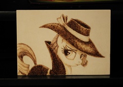 Size: 1280x909 | Tagged: safe, artist:horseez, rarity, g4, detective, female, pyrography, solo, woodwork