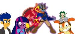 Size: 1024x469 | Tagged: safe, artist:conikiblasu-fan, flash sentry, sunset shimmer, twilight sparkle, equestria girls, g4, crossover, crossover shipping, dark jak, daxter, jak, jak and daxter, keira hagai, shipping, sunset satan, tara strong, voice actor joke