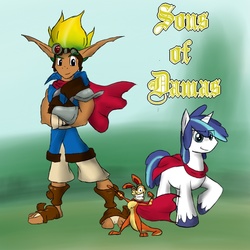 Size: 800x800 | Tagged: safe, artist:sanyo2100, shining armor, pwny-verse, g4, clothes, crossover, daxter, fanfic, fanfic art, jak, jak and daxter, scarf