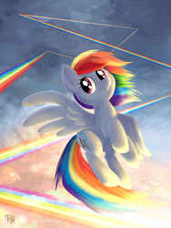 Size: 900x1200 | Tagged: safe, artist:1trick, rainbow dash, g4, female, flying, looking at you, smiling, solo, spread wings