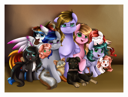 Size: 3969x3018 | Tagged: safe, artist:pridark, oc, oc only, oc:color flare, oc:heart throb, oc:jewel, oc:love potion, oc:love struck, oc:loving berry, oc:midnight, oc:orchid, oc:thunder chaser, dog, earth pony, pegasus, pony, family, glasses, gray fox, high res, noctral legacy, smiling