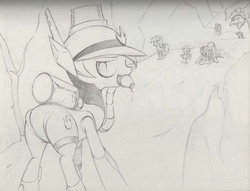 Size: 1090x832 | Tagged: safe, artist:lordspiffy, applejack, fluttershy, pinkie pie, spike, twilight sparkle, dragon, earth pony, pony, feeling pinkie keen, g4, butt, female, mare, mighty switch force, monochrome, patricia wagon, pencil drawing, plot, ponified, traditional art, wet, wet mane