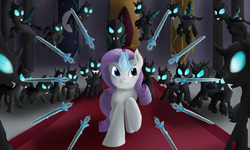 Size: 1024x614 | Tagged: safe, artist:kickassking, rarity, changeling, pony, unicorn, g4, army, canterlot, canterlot castle, fight, magic, throne room
