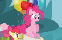Size: 402x255 | Tagged: safe, screencap, apple bloom, pinkie pie, earth pony, pony, g4, pinkie apple pie, adorabloom, animated, cropped, cute, diapinkes, female, solo focus