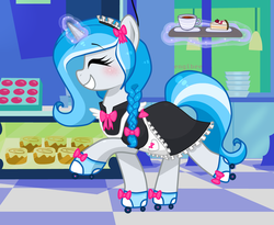 Size: 1460x1200 | Tagged: safe, artist:kaikururu, oc, oc only, oc:bubble lee, oc:imago, pony, unicorn, clothes, commission, cute, dress, eyes closed, female, glowing, glowing horn, grin, horn, indoors, levitation, magic, maid, mare, roller skates, smiling, solo, telekinesis, tray, unicorn oc, ych result