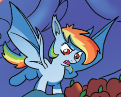 Size: 472x380 | Tagged: safe, idw, official comic, rainbow dash, bat pony, pony, g4, night of the living apples, spoiler:comic, spoiler:comic33, bat ponified, female, mare, outfit catalog, race swap, rainbowbat, solo, spread wings, wings