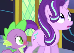 Size: 504x360 | Tagged: safe, edit, edited screencap, screencap, spike, starlight glimmer, dragon, pony, g4, the crystalling, blushing, eyes on the prize, female, image macro, looking at butt, male, meme, out of context, ship:sparlight, shipping, straight