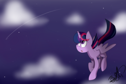 Size: 3000x2000 | Tagged: safe, artist:befishproductions, twilight sparkle, alicorn, pony, g4, female, high res, looking up, mare, night sky, open mouth, signature, solo, spread wings, twilight sparkle (alicorn), windswept hair, windswept mane