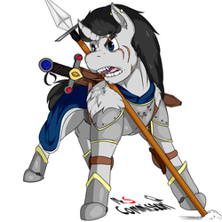 Size: 2000x2000 | Tagged: safe, artist:mr.smile, oc, oc only, pony, unicorn, armor, cape, clothes, commission, high res, reference, scar, solo, spear, sword, war, weapon