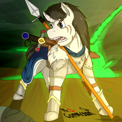 Size: 2000x2000 | Tagged: safe, artist:mr.smile, oc, oc only, pony, unicorn, armor, blast, cape, clothes, commission, explosion, high res, spear, sword, war, weapon