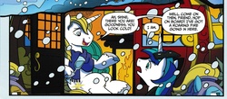 Size: 1916x843 | Tagged: safe, artist:tonyfleecs, idw, prince blueblood, shining armor, pony, unicorn, friends forever #26, g4, my little pony: friends forever, spoiler:comic, clothes, male, palanquin, scarf, snow, snowfall, stallion