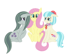Size: 1512x1128 | Tagged: safe, artist:squipycheetah, coco pommel, fluttershy, marble pie, earth pony, pegasus, pony, hearthbreakers, alternate hairstyle, cocobetes, crossed hooves, cute, floppy ears, hair bow, hair bun, hair over one eye, happy, looking at you, looking back, looking up, marblebetes, necktie, shy, shyabetes, simple background, sitting, smiling, spread wings, the council of shy ponies, transparent background, trio, vector
