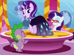 Size: 656x495 | Tagged: safe, screencap, rarity, spike, starlight glimmer, dragon, pony, unicorn, g4, season 5, the cutie re-mark, animated, clapping, clothes, cute, dress, gala dress, glasses, glimmerbetes, looking at you, loop, underhoof