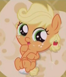 Size: 315x366 | Tagged: safe, screencap, applejack, earth pony, pony, g4, season 5, the one where pinkie pie knows, baby, baby picture, baby pony, babyjack, cute, diaper, female, foal, jackabetes, looking at you, open mouth, smiling, solo