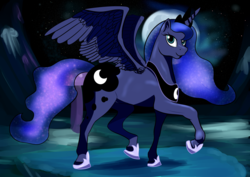 Size: 1527x1080 | Tagged: safe, artist:chrisgotjar, princess luna, g4, female, moon, night, raised hoof, solo, spread wings