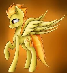 Size: 2135x2301 | Tagged: safe, artist:rosejule, spitfire, g4, female, gradient background, high res, raised hoof, solo, spread wings