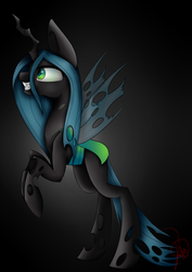 Size: 1783x2521 | Tagged: dead source, safe, artist:rosejule, queen chrysalis, changeling, changeling queen, g4, female, grin, rearing, solo