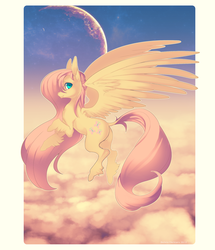 Size: 1549x1800 | Tagged: safe, artist:controlthestars, fluttershy, g4, cloud, female, flying, limited palette, looking at you, moon, solo, unshorn fetlocks