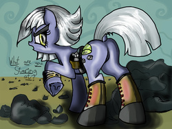 Size: 1980x1485 | Tagged: safe, artist:tuxedostallion, limestone pie, earth pony, pony, g4, angry, butt, dialogue, dock, female, frown, hoof boots, looking at you, looking back, looking back at you, plot, raised hoof, rock, solo, underhoof