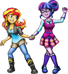 Size: 558x609 | Tagged: safe, artist:mentalmongloid, sci-twi, sunset shimmer, twilight sparkle, equestria girls, equestria girls specials, g4, my little pony equestria girls: dance magic, my little pony equestria girls: friendship games, clothes, crystal prep academy uniform, dancing, female, friendshipping, holding hands, lesbian, school uniform, ship:sci-twishimmer, ship:sunsetsparkle, shipping, simple background, smiling, transparent background