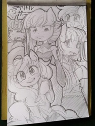 Size: 768x1024 | Tagged: safe, artist:うめぐる, limestone pie, marble pie, pinkie pie, earth pony, anthro, semi-anthro, g4, alternate hairstyle, arm hooves, cleavage fluff, traditional art