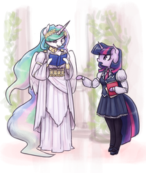 Size: 1000x1184 | Tagged: safe, artist:king-kakapo, princess celestia, twilight sparkle, anthro, unguligrade anthro, g4, arm hooves, book, clothes, dress, pantyhose, school uniform