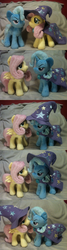 Size: 1600x6000 | Tagged: safe, fluttershy, trixie, pony, unicorn, g4, 4de, accessory swap, boop, clothes, clothes swap, female, high res, irl, lesbian, mare, noseboop, photo, plushie, shipping, trixie's cape, trixie's hat, trixieshy