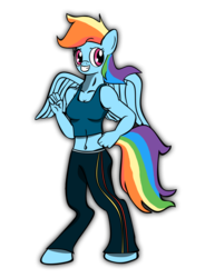 Size: 1836x2500 | Tagged: safe, artist:mcsplosion, rainbow dash, anthro, unguligrade anthro, g4, clothes, exercise, female, midriff, solo, sports bra, track pants