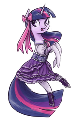 Size: 900x1398 | Tagged: safe, artist:king-kakapo, twilight sparkle, pony, unicorn, g4, clothes, cute, dress, female, open mouth, open smile, puffy sleeves, simple background, smiling, solo, twiabetes, unicorn twilight, white background