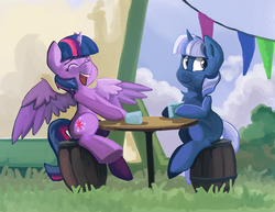 Size: 3939x3048 | Tagged: safe, artist:saxopi, twilight sparkle, oc, oc:silverlay, alicorn, original species, pony, umbra pony, g4, cup, duo, female, high res, laughing, mare, sitting, table, twilight sparkle (alicorn)