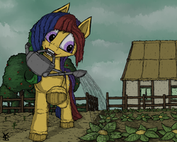 Size: 1603x1292 | Tagged: safe, artist:yahmos, oc, oc only, oc:ayvendil, earth pony, pony, female, plants, solo, village, watering, watering can