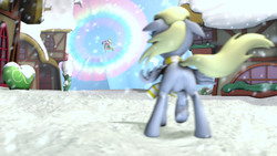 Size: 3840x2160 | Tagged: safe, artist:warhorse26, applejack, derpy hooves, pinkie pie, rainbow dash, rarity, pegasus, pony, g4, 3d, 4k, butt, clothes, female, flying, happy, hat, high res, mare, plot, santa hat, scared, scarf, sled, snow, snowfall, sonic rainboom, source filmmaker, spread wings, worried