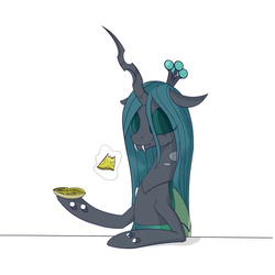 Size: 2000x2000 | Tagged: dead source, safe, artist:soveno, queen chrysalis, g4, eating, female, food, high res, pancakes, simple background, solo