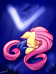 Size: 1024x1348 | Tagged: safe, artist:freeedon, fluttershy, pony, g4, blanket, eyes closed, female, floppy ears, mare, sleeping, solo, stray strand