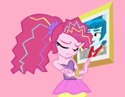 Size: 574x446 | Tagged: safe, artist:berrypunchrules, edit, pinkie pie, thunderbass, equestria girls, friendship through the ages, g4, bare shoulders, new wave pinkie, pinkiebass, sad, shipping, sleeveless, strapless