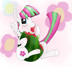 Size: 3000x2800 | Tagged: safe, artist:dragonpone, derpibooru exclusive, blossomforth, pegasus, pony, blushing, eating, female, food, herbivore, high res, solo, watermelon