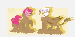 Size: 2000x1000 | Tagged: safe, artist:akashasi, gilda, pinkie pie, griffon, g4, cute, messy, mud, playing