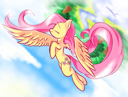 Size: 1024x778 | Tagged: safe, artist:freeedon, fluttershy, pegasus, pony, g4, cloud, eyes closed, female, flying, mare, outdoors, profile, sky, smiling, solo, spread wings, wings