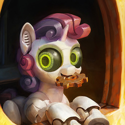 Size: 700x700 | Tagged: safe, artist:cannibalus, sweetie belle, pony, robot, unicorn, g4, female, filly, gears, looking at you, mouth hold, painting, solo, sweetie bot